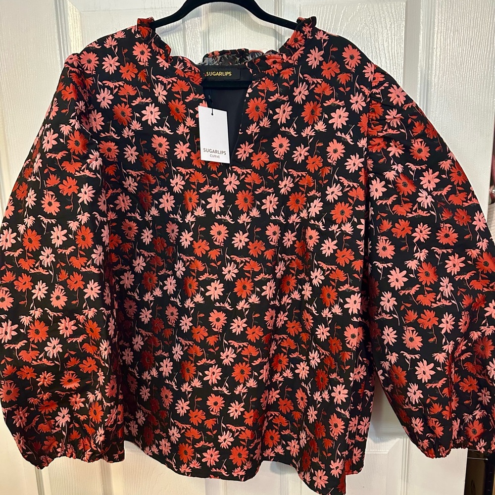 Sugarlips Black Blouse with Pink and Red Floral Puff Sleeves